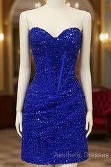 Short Royal Blue Tight Beaded Dresses