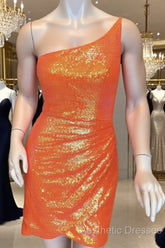 Short Tight Neon Orange Sequin Dresses