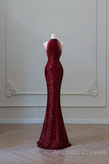 Simple Mermaid Scoop Neckline Burgundy Sequin Long Party Dresses Evening Prom Dresses