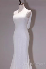 Simple Mermaid Spaghetti Straps Sequin White Long Wedding Dresses