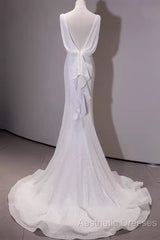 Simple Mermaid Spaghetti Straps Sequin White Long Wedding Dresses