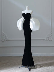 Simple Mermaid Velvet Puff Sleeves Black Long Evening Prom Dresses, Black Evening Dresses