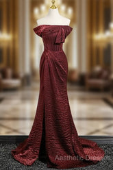 Simple Off Shoulder Burgundy Long Evening Prom Dresses, Burgundy Long Formal Dresses