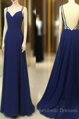 Simple Royal Blue Long Evening Prom Dresses, Backless Evening Dresses