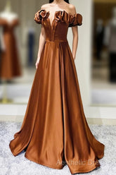 Simple Satin Long Evening Prom Dresses, Off The Shoulder V-Neck Evening Dresses