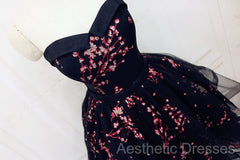 Simple Short Black Tulle Party Dresses With Floral, Lovely Short Evening Prom Dresses