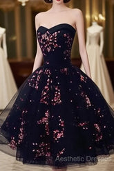 Simple Short Black Tulle Party Dresses With Floral, Lovely Short Evening Prom Dresses