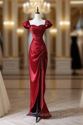Simple Sweetheart Neck Satin Burgundy Long Evening Prom Dresses, Burgundy Long Formal Dresses