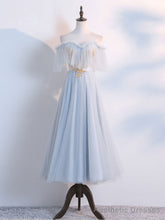 Simple Tulle Lace Gray Blue Prom Dresses, Tea Length Lace Bridesmaid Dresses
