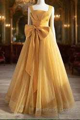 Simple Yellow Tulle Long Evening Prom Dresses, Yellow Tulle Formal Dresses