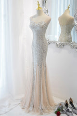Sliver Sequins Mermaid Straps Long Evening Gown Evening Prom Dresses, Long Party Dresses Formal Dresses