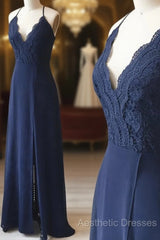 Spaghetti Straps Floor Length Navy Blue Lace Evening Prom Dresses, Navy Blue Lace Formal Evening Bridesmaid Dresses