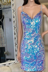 Spaghetti Straps Tight Blue Sequins Homecoming Dresses Party Dresses