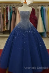 Sparkly Beaded Strapless Navy Blue Ball Gown Evening Prom Dresses