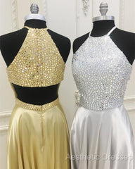 Sparkly Crystal Beaded Halter Long Satin Open Back Evening Prom Dresses