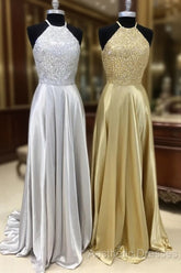Sparkly Crystal Beaded Halter Long Satin Open Back Evening Prom Dresses