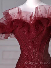 Sparkly Mermaid Burgundy Sequin Long Evening Prom Dresses Party Dresses