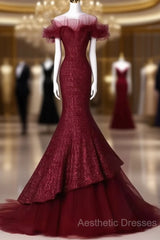 Sparkly Mermaid Burgundy Sequin Long Evening Prom Dresses Party Dresses
