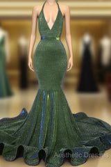 Sparkly Mermaid Halter Ruffles Evening Prom Dresses