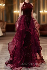 Sparkly Sheath Burgundy Sequin Long Evening Prom Dresses Party Dresses