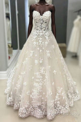 Strapless Champagne Lace Wedding Dresses Evening Prom Dresses, Formal Gown