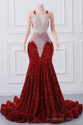 Straps Red Beading Sequin Prom Dresses Mermaid Long Party Dresses