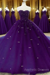 Sweetheart Crystals Evening Prom Dresses Ball Gown Beaded Purple Quinceanera Dresses