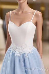 Sweetheart Neck Backless Blue And White Sweep Train Lace Evening Prom Dresses, Formal Dresses