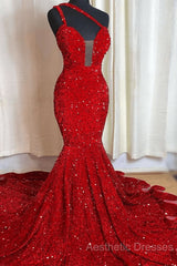 Sweetheart Sleeveless Sequins Red Mermaid Evening Prom Dresses