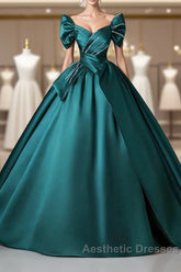 Teal A-Line Off The Shoulder Satin Long Evening Prom Dresses, Elegant Evening Dresses