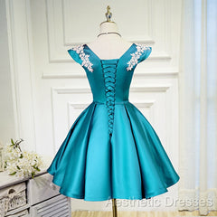 Teal Blue Satin Short Party Dresses With White Lace, Blue Homecoming Dresses Evening Prom Dresses