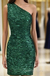 Tight Green Sequin One Shoulder Dresses
