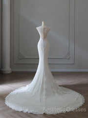 Timeless Mermaid V Neckline White Lace Wedding Dresses Bridal Dresses