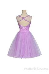 Tulle Appliques Beads Open Back Short Purple Homecoming Dresses