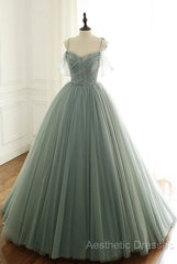 Tulle Ball Gown Long Evening Prom Dresses With Beading,Evening Dresses,Charming Dance Dresses