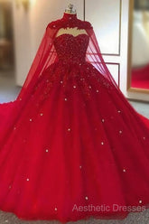 Tulle Ball Gown Wedding Dresses, With Cape Evening Prom Dresses, Evening Dresses