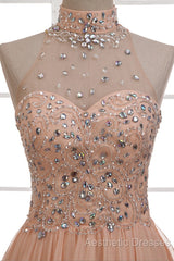 Tulle & Chiffon High Neck Evening Dresses With Beading