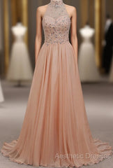 Tulle & Chiffon High Neck Evening Dresses With Beading