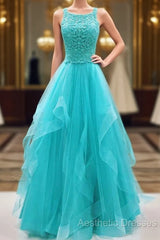 Turquoise Tulle Long Lace Evening Prom Dresses, Ruffles Evening Dresses