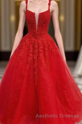 Red Tulle Lace A Line Formal Evening Prom Dresses Appliques Long Evening Prom Dresses
