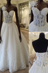 Unique Design One Shoulder See Through A-Line Lace Tulle Wedding Dresses,