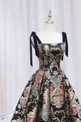 Unique Floral Floor Length Evening Prom Dresses, A-Line Black Evening Dresses