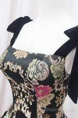 Unique Floral Floor Length Evening Prom Dresses, A-Line Black Evening Dresses