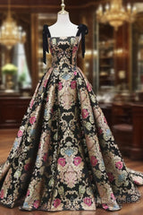 Unique Floral Floor Length Evening Prom Dresses, A-Line Black Evening Dresses