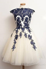 Unique Lace Tulle Short Evening Prom Dresses, Lace Bridesmaid Dresses