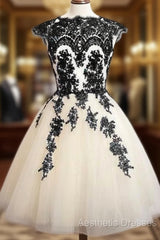 Unique Lace Tulle Short Evening Prom Dresses, Lace Bridesmaid Dresses