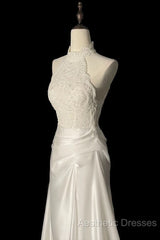 Unique Sheath High Neckline Satin Lace Ivory Wedding Dresses