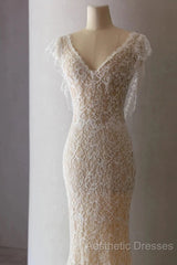Unique Sheath V Neckline Cap Sleeves Lace Ivory Wedding Dresses