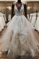 V Neck Backless Light Champagne Lace Wedding Dresses, Open Back Champagne Lace Formal Evening Prom Dresses