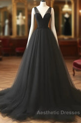 V Neck Black Tulle A Line  Evening Prom Dresses